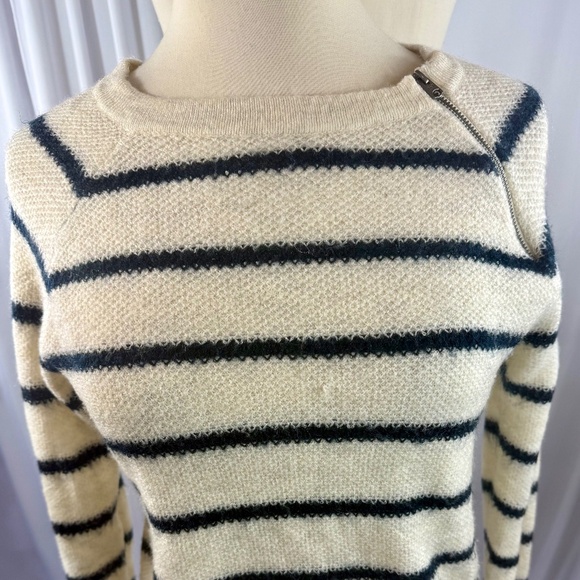 Navy and White Striped Lightweight Sweater with Zip at Shoulder - Picture 1 of 4